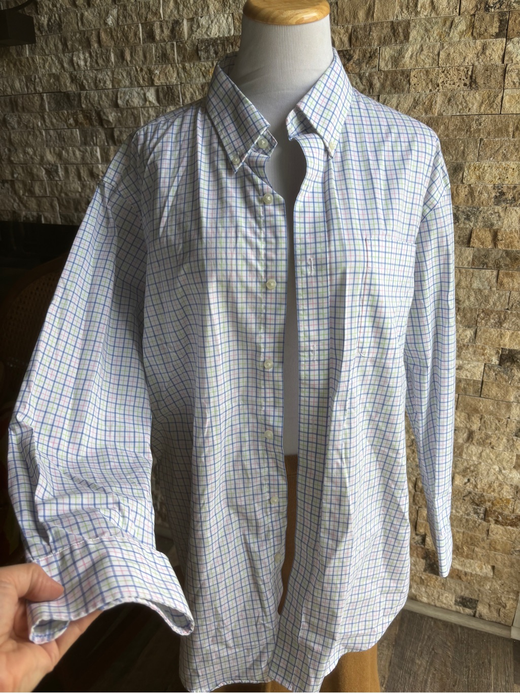 Ralph Lauren White Button-Down Shirt With Blue & Green Grid